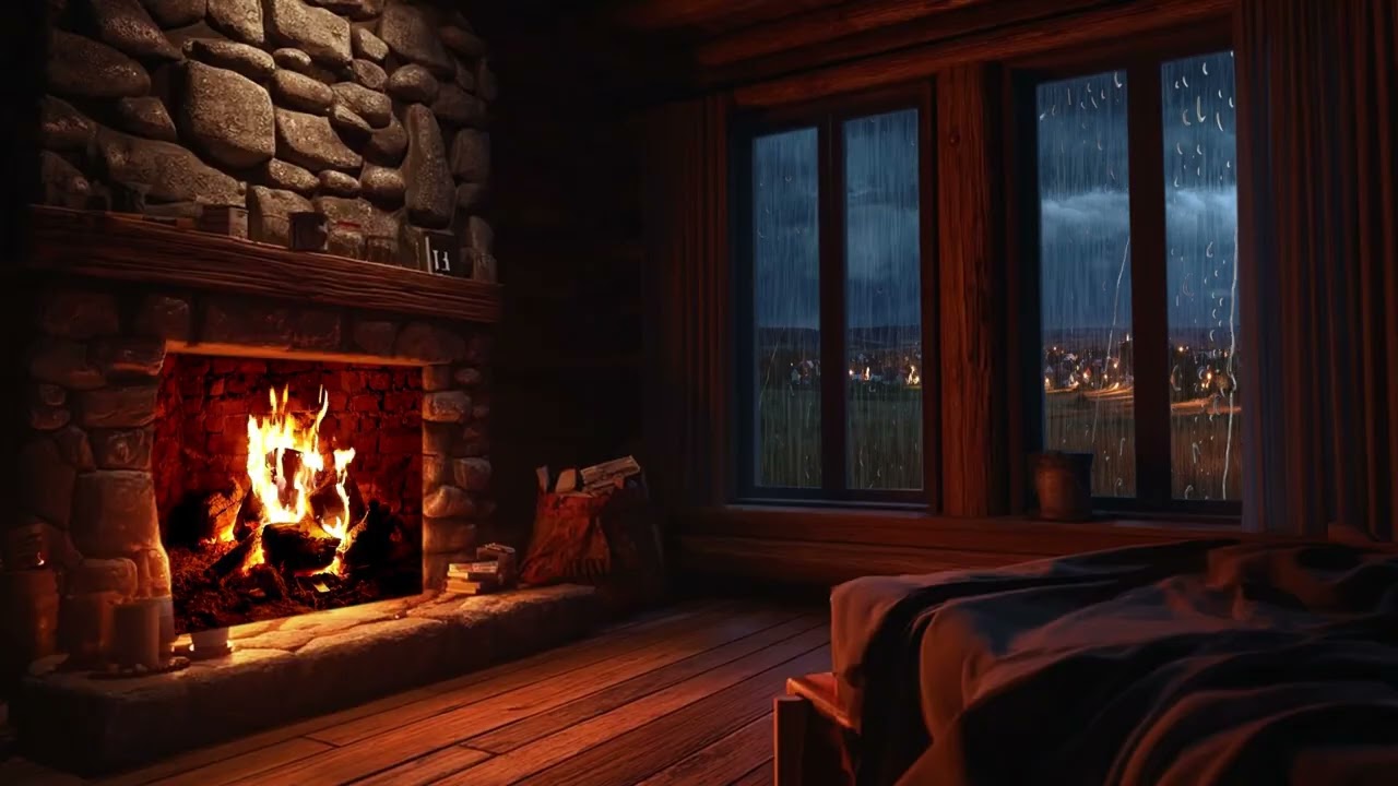10 HOURS Thunderstorm & Fireplace at Night | Cozy Living Room with Rain, Lightning, Sleeping Pets