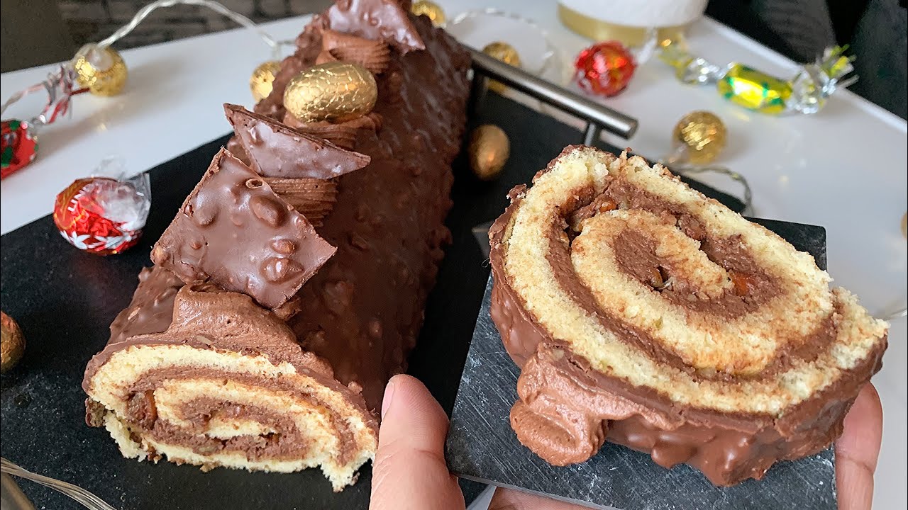Gâteau roulée au chocolat /glaçage Rocher/biscuit roulé بيسكوي رولي بالشكلاطة