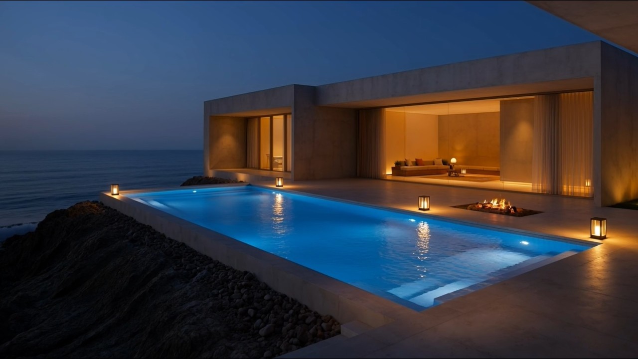 Ocean Waves Ambience (8 Hours) | Luxury Beach House Pool View | Sleep, Study, Relax