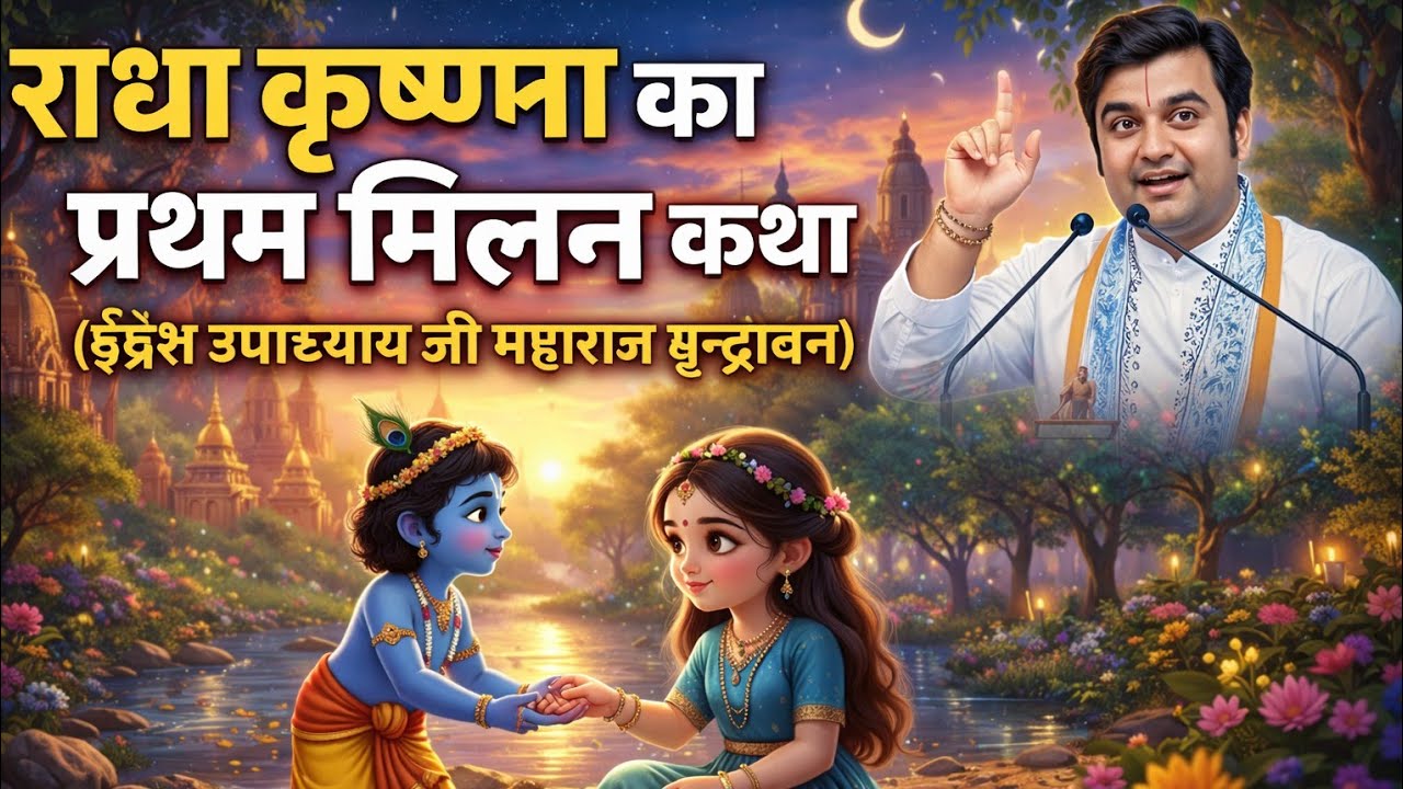 राधा कृष्णा का प्रथम मिलन कथा इंद्रेश उपाध्याय जी महाराज वृन्दावन||Radha Krishna first meeting 🤝||