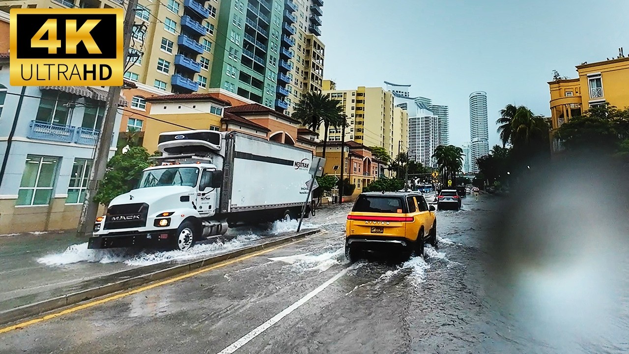 Miami Beach 4K - Driving Through Flooded Streets & Heavy Thunderstorms