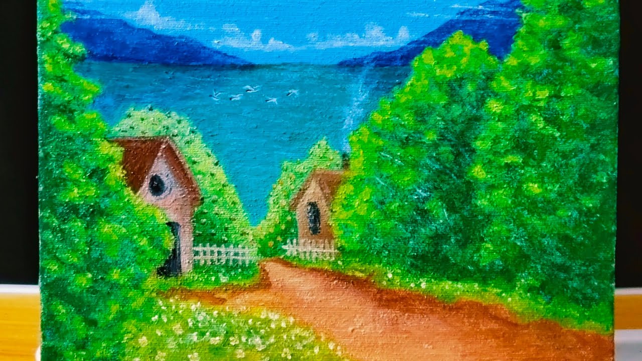 Green tree and blue lake painting