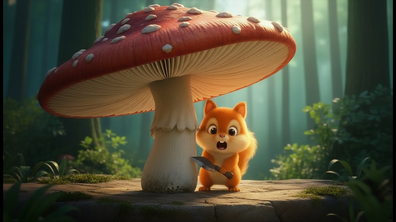 The Tiny Fluffy Squirrel and the Giant Mushroom in the Misty Forest
