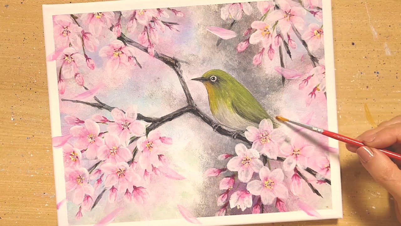 アクリル絵の具で【桜】の描き方/桜の枝にとまるメジロ/初心者のための簡単なアクリル画/Step by step