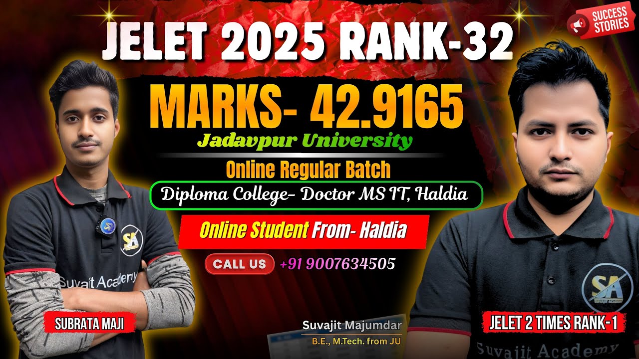 JELET 2025 Exam Rank 32 Marks 42.9165 | Subrata Offline Batch Student Jelet Rank Success Story