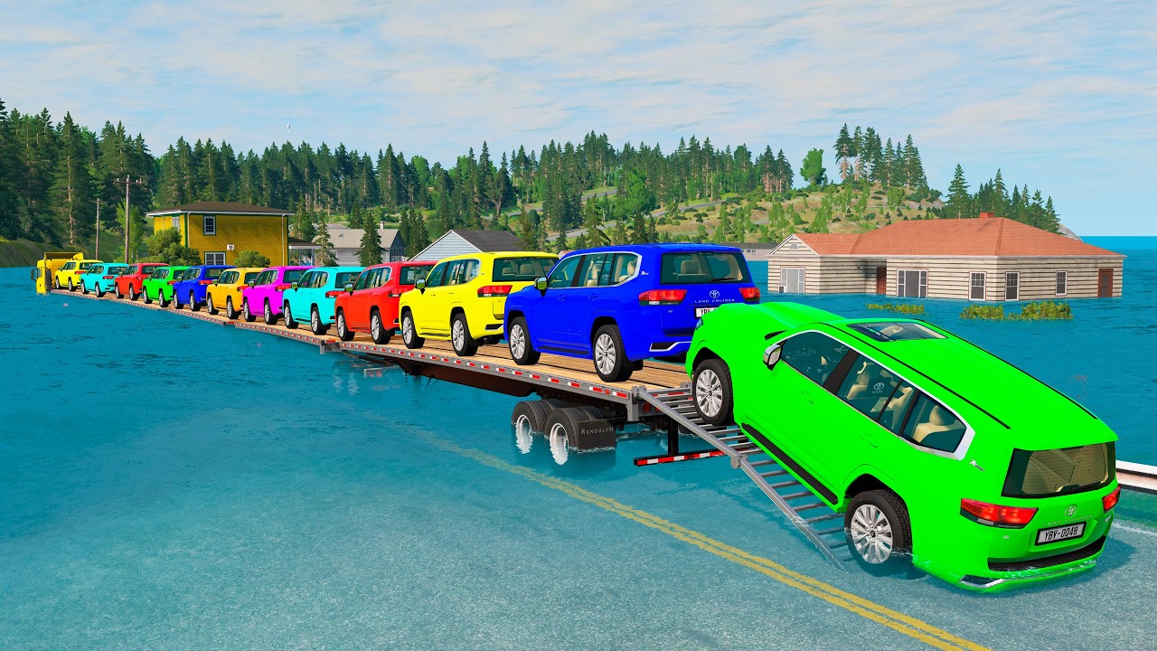 Five Flatbed Trailer McQueen Transportation with Truck - Speedbumps vs Cars vs Train - BeamNG #268