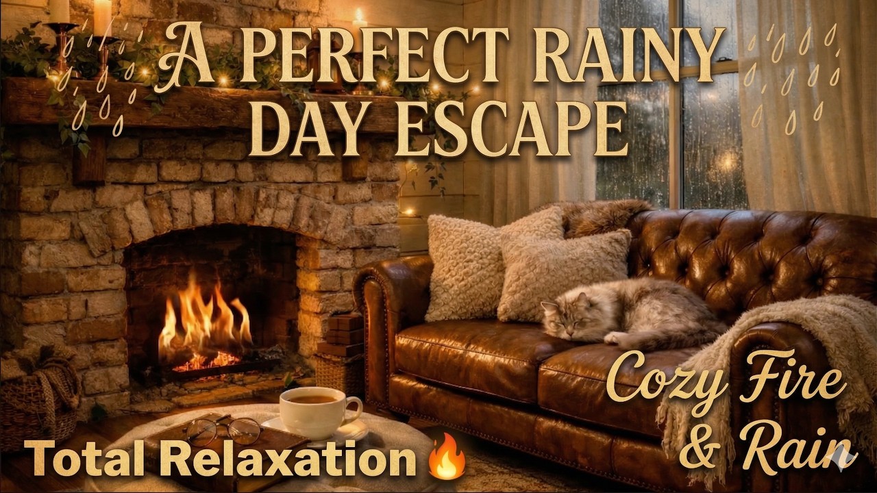 A Cozy Rainy Evening Fireplace | Warm Cabin Ambience for Sleep — Calm Restful Spaces