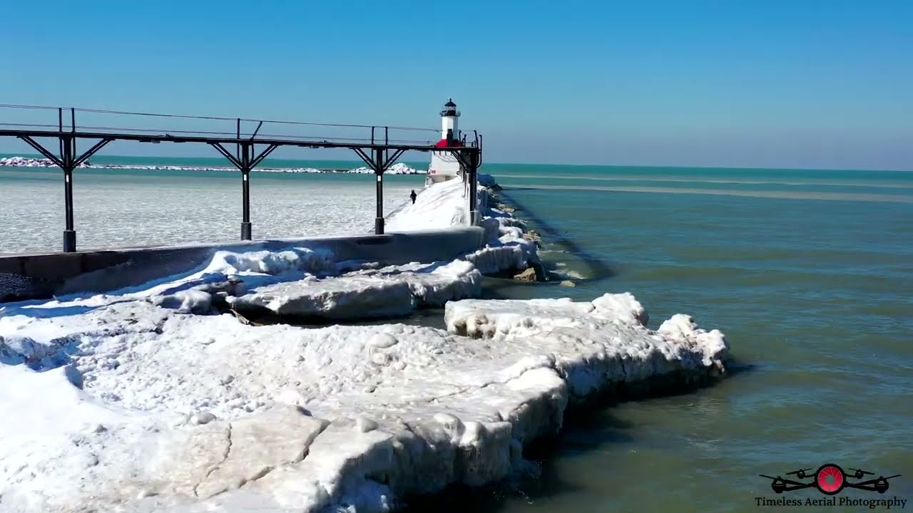 Shelf Ice Tour Before It Melts! Michigan City Lighthouse Still Covered In Ice 4K Drone Footage