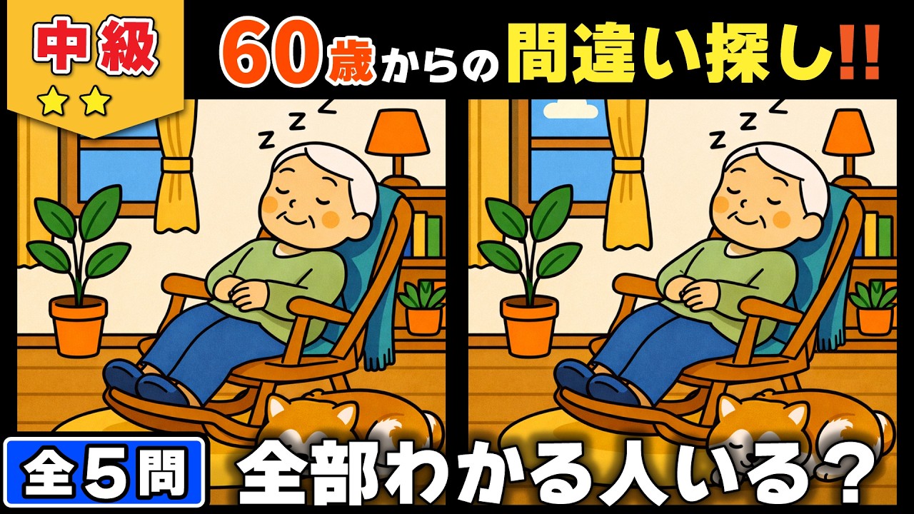 【脳トレ】間違い探し★中級編★全5問｜集中力と観察力を落ち着いて鍛える脳トレ #163