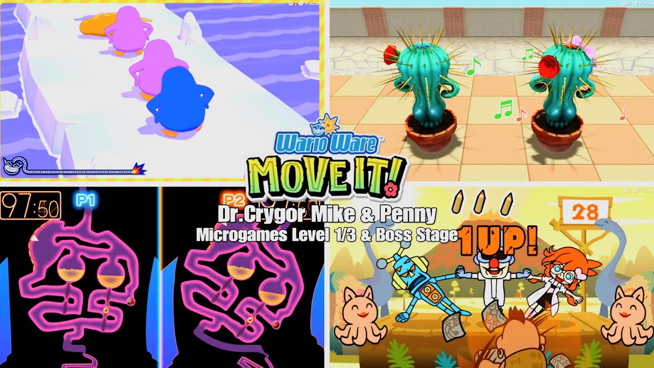 Warioware Move it! - Dr.Crygor, Майк и Пенни, Microgames, уровень 1/3 + босс, режим для двух игроков