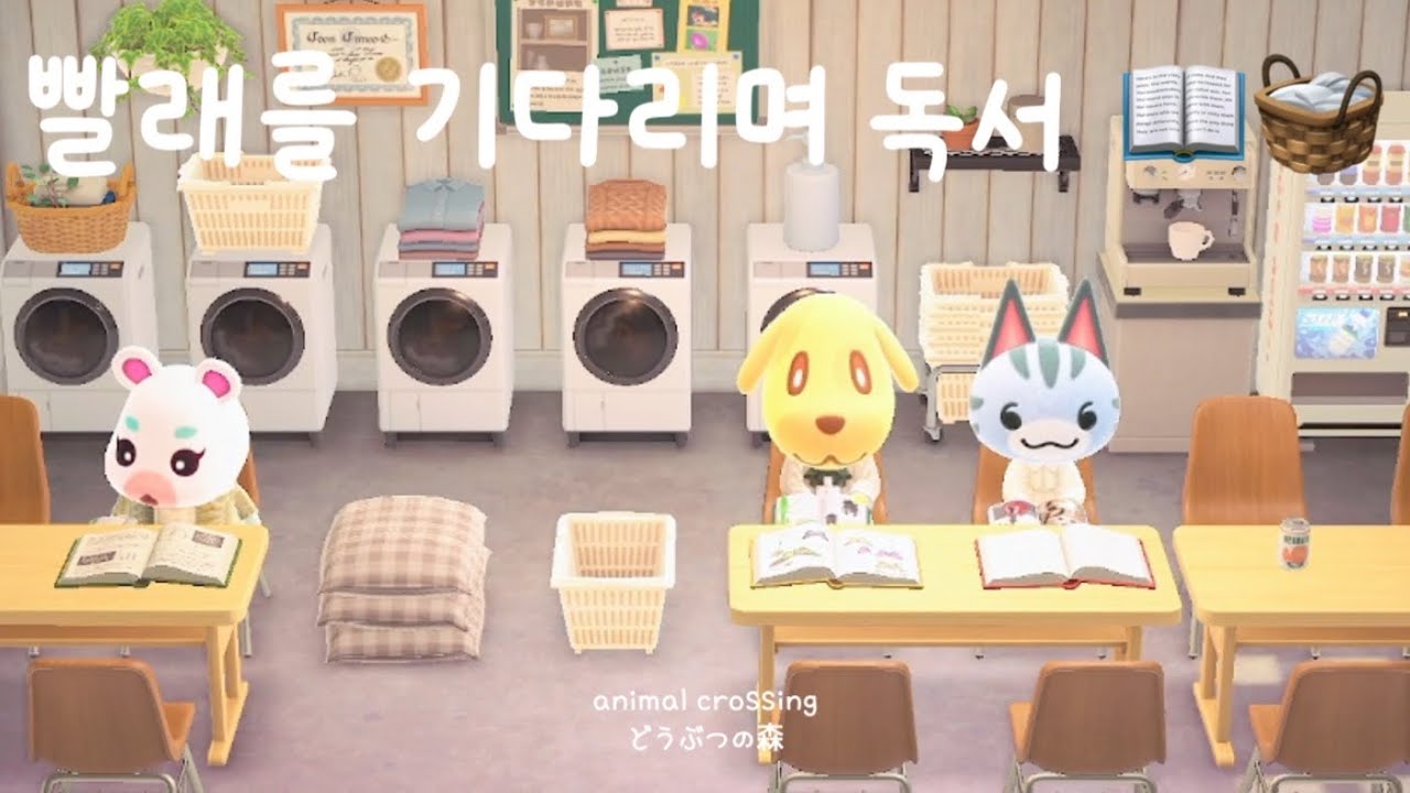 ✧ 🫧 빨래를 기다리며 독서 🧺📖 ✧ | 모동숲 asmr | 집중 독서 | 빨래방 세탁기 소리 | acnh | あつ森 | animal crossing ambience