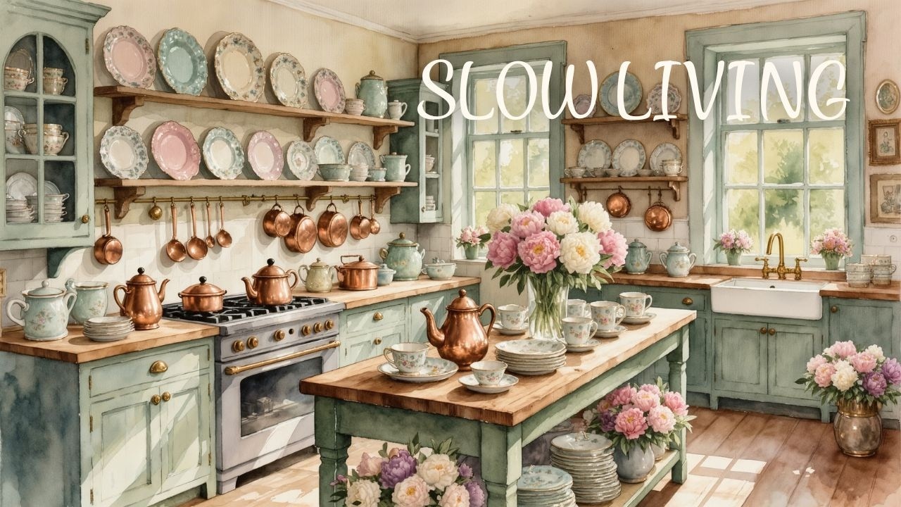 Aesthetic Vintage Kitchen with Peonies 🌸 Calm Instrumental Music