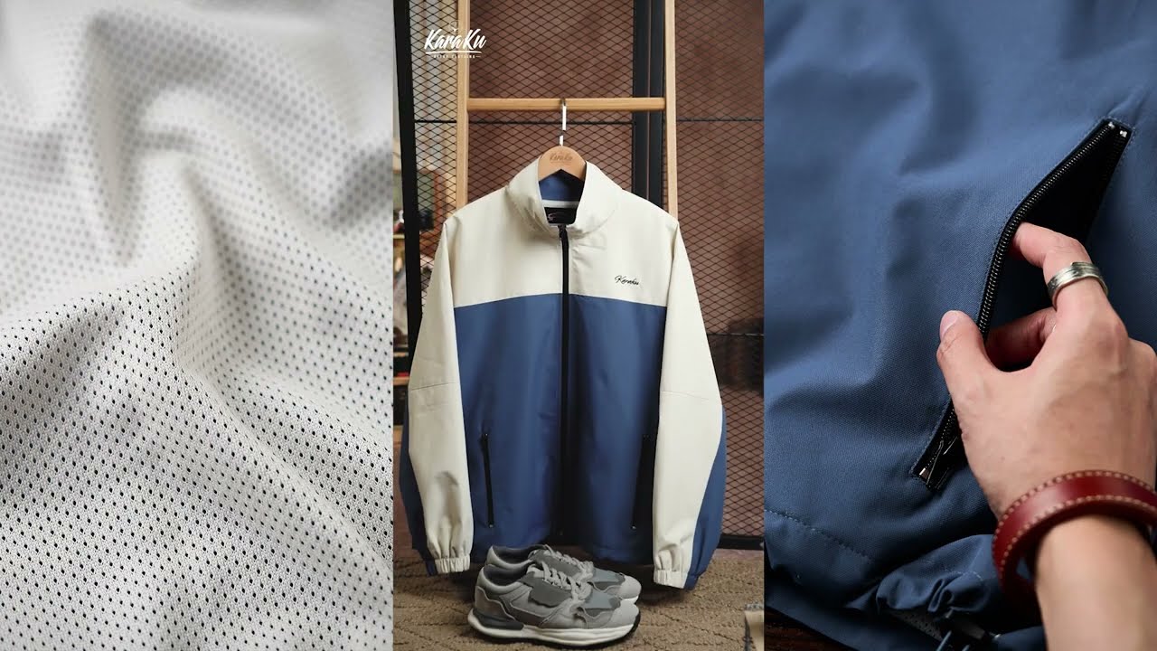 「KaraKu」자수 로고 안감 메쉬 배색 스탠드 칼라 자켓