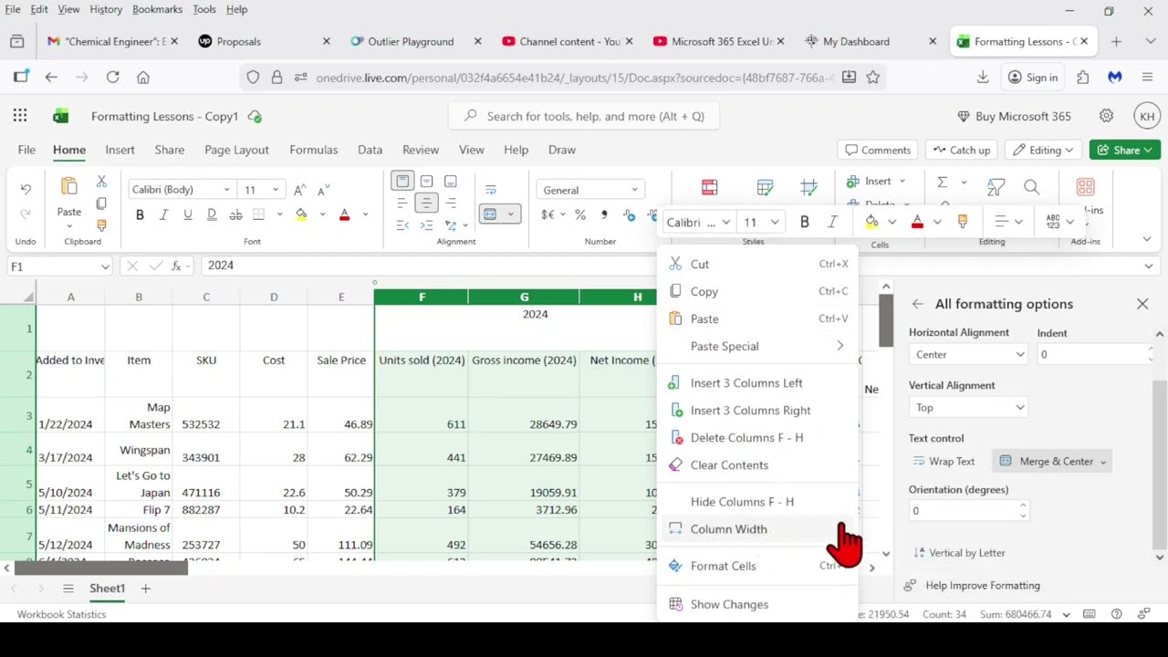 Microsoft 365 Excel Tutorials: Unit 1, Lesson 2 - formatting alignment.