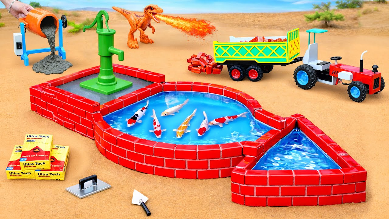 Dinosaur Attacks the Fish Pond 🦖🔥 | DIY Mini Tractor Rebuilds a Strong Concrete Fish Pool