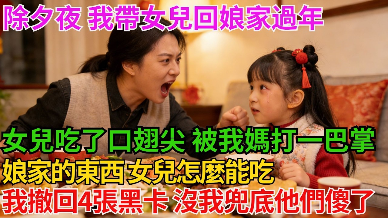 除夕夜 我帶女兒回娘家過年女兒喫了口翅尖 我媽一巴掌娘家的東西 女兒怎麼能喫!弟媳一家低頭不語 我笑了撤回4張黑卡 賣掉養老別墅沒我兜底他們傻了！【阿馨夜讀】#故事分享#情感#婆媳矛盾#AA制