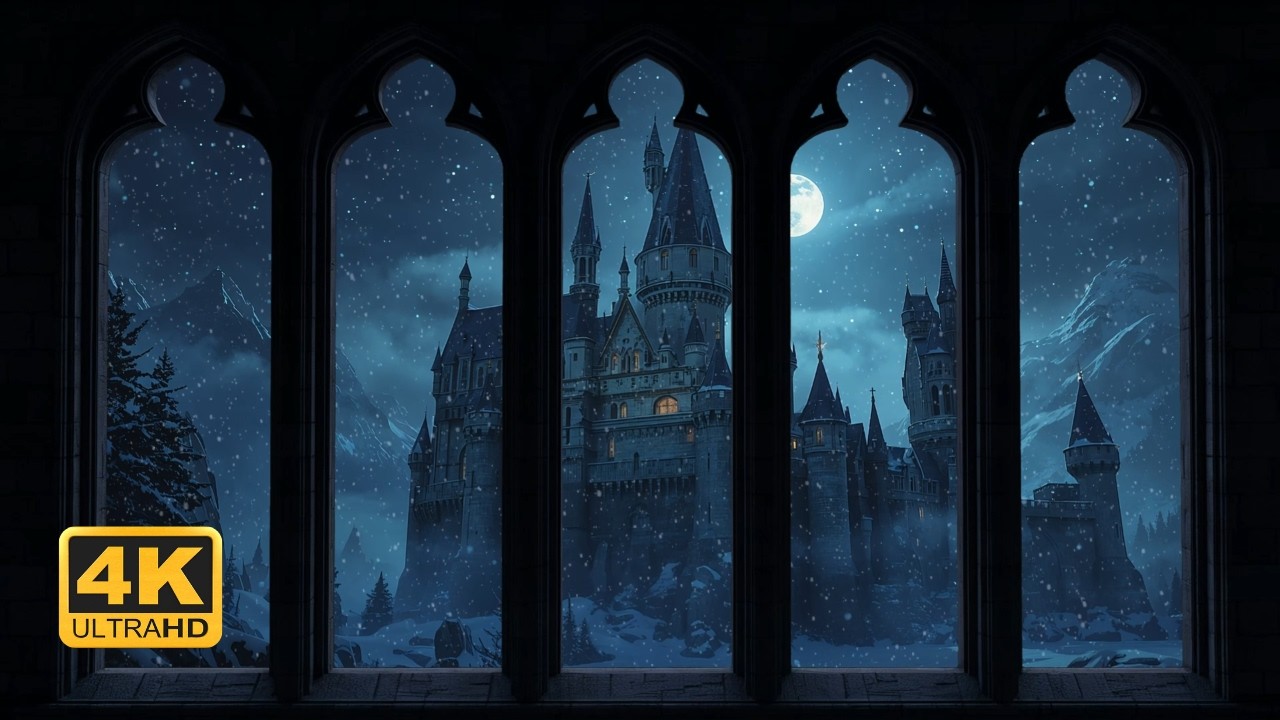 🌌 Enchanting Night Castle – Snowfall & Wind Window Ambience 4K For Relaxation