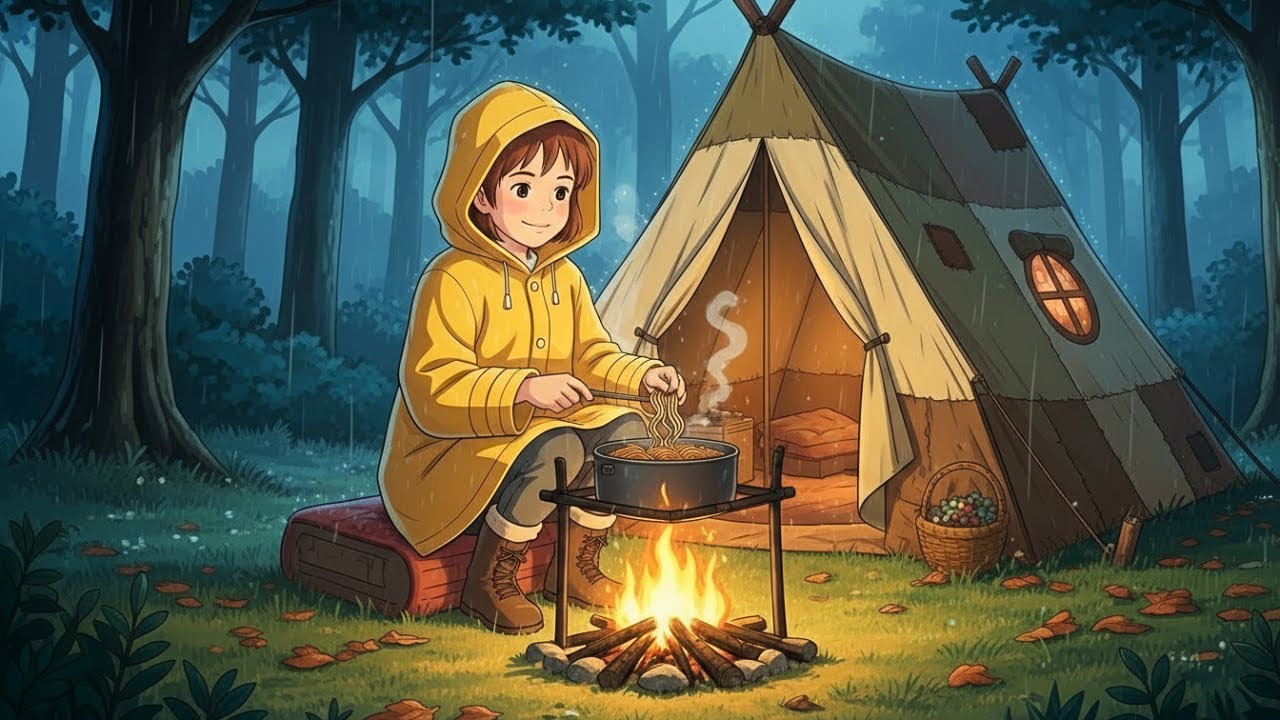 Camping Alone in the Rain🌧 | A Quiet Ghibli-Style Cooking Night in the Forest