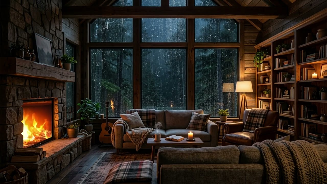 Cozy Rain on Window with Warm Fireplace Sounds for Relaxing, Studying, and Sleeping