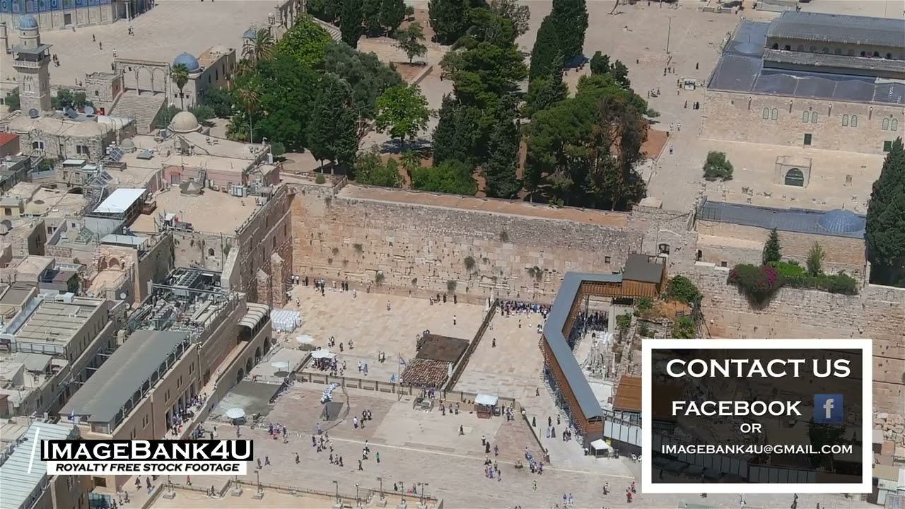 Western wall and golden dome of the rock mosque, aerial view