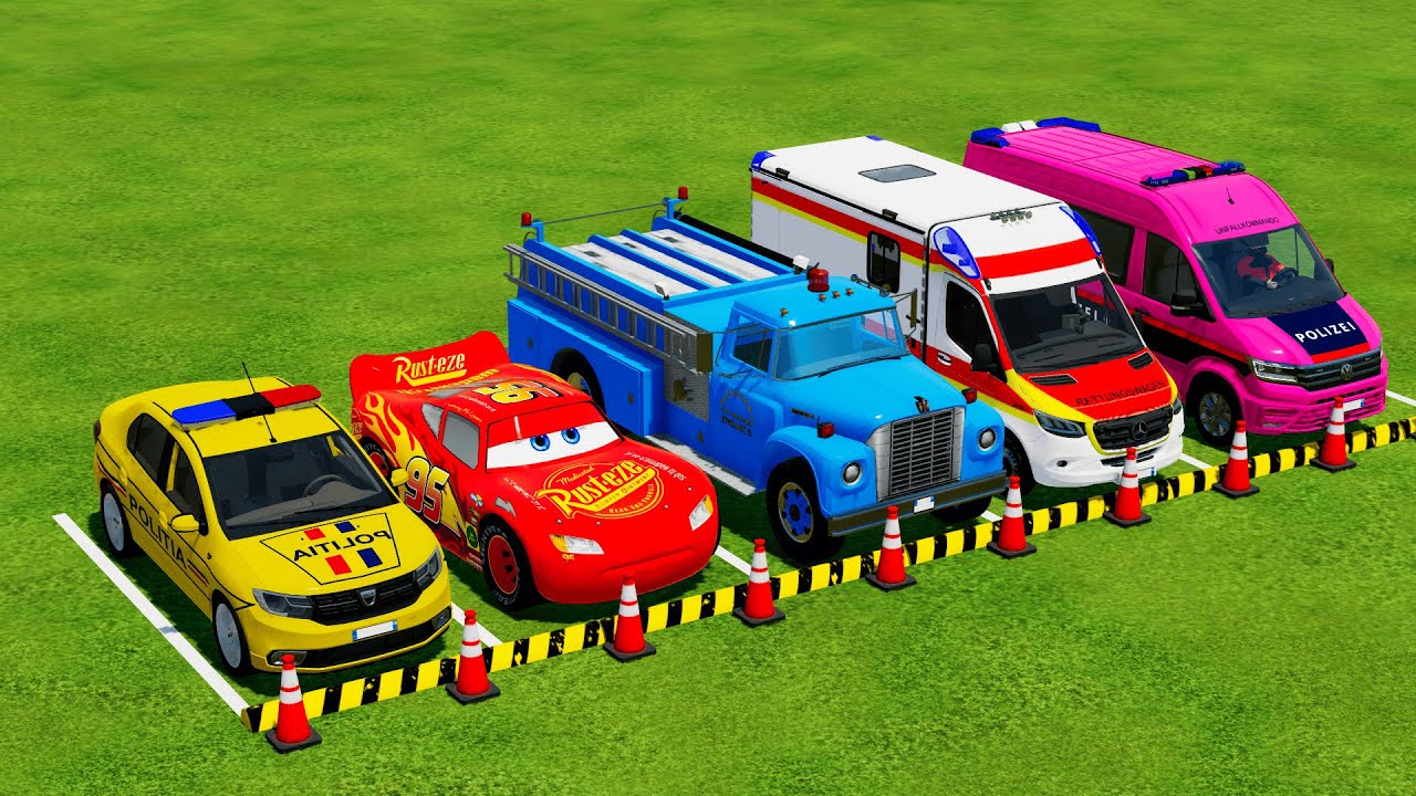 POLICE CARS, AMBULANCE EMERGENCY, FIRE BRIGADE TRANSPORTING WITH TRUCKS ! FS22