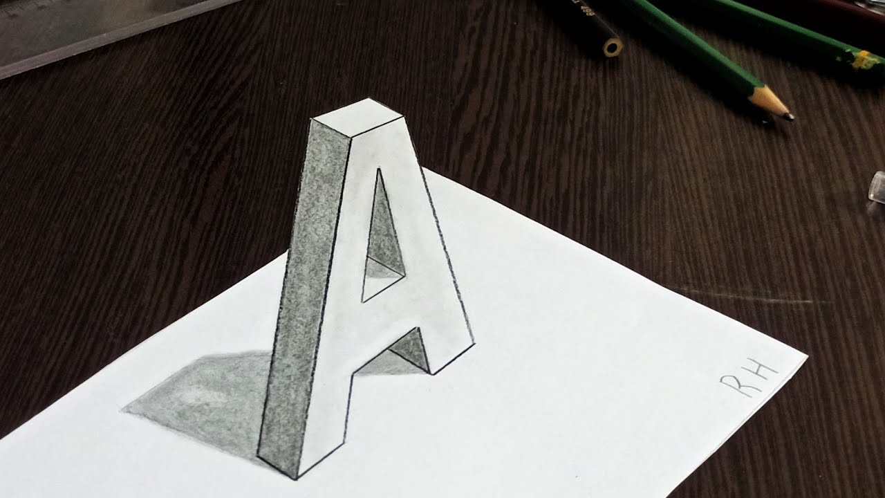تعليم كيفيه رسم حرف A ثلاثي الأبعاد مع الشرح/Easy 3D drawing of letter A with a pencil