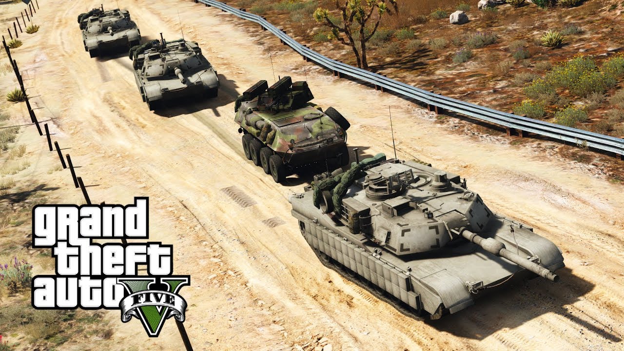 GTA 5 - DEFEND THE HILL! Military ARMY Patrol #54 - Desert Tank Patrol (LAV, Apache, Abrams Convoy)