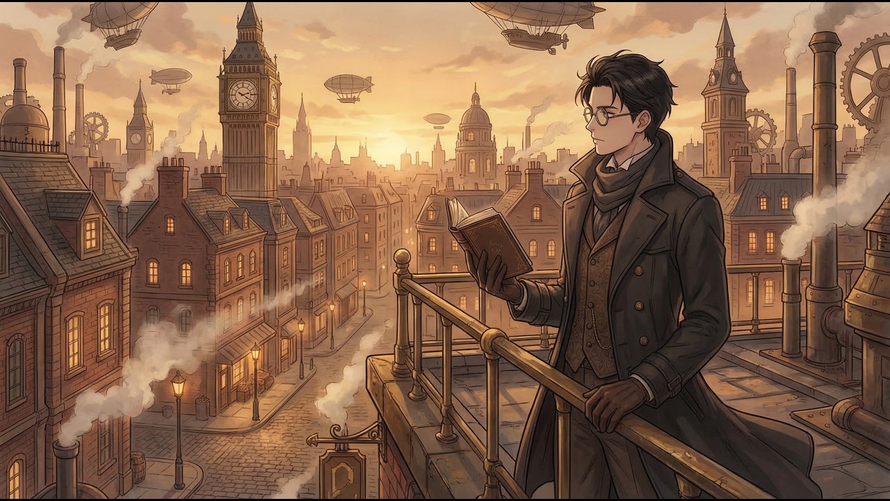 Victorian Steampunk Lofi ⚙️ Calm Study Beats | Rooftop Scholar Reading at Sunset