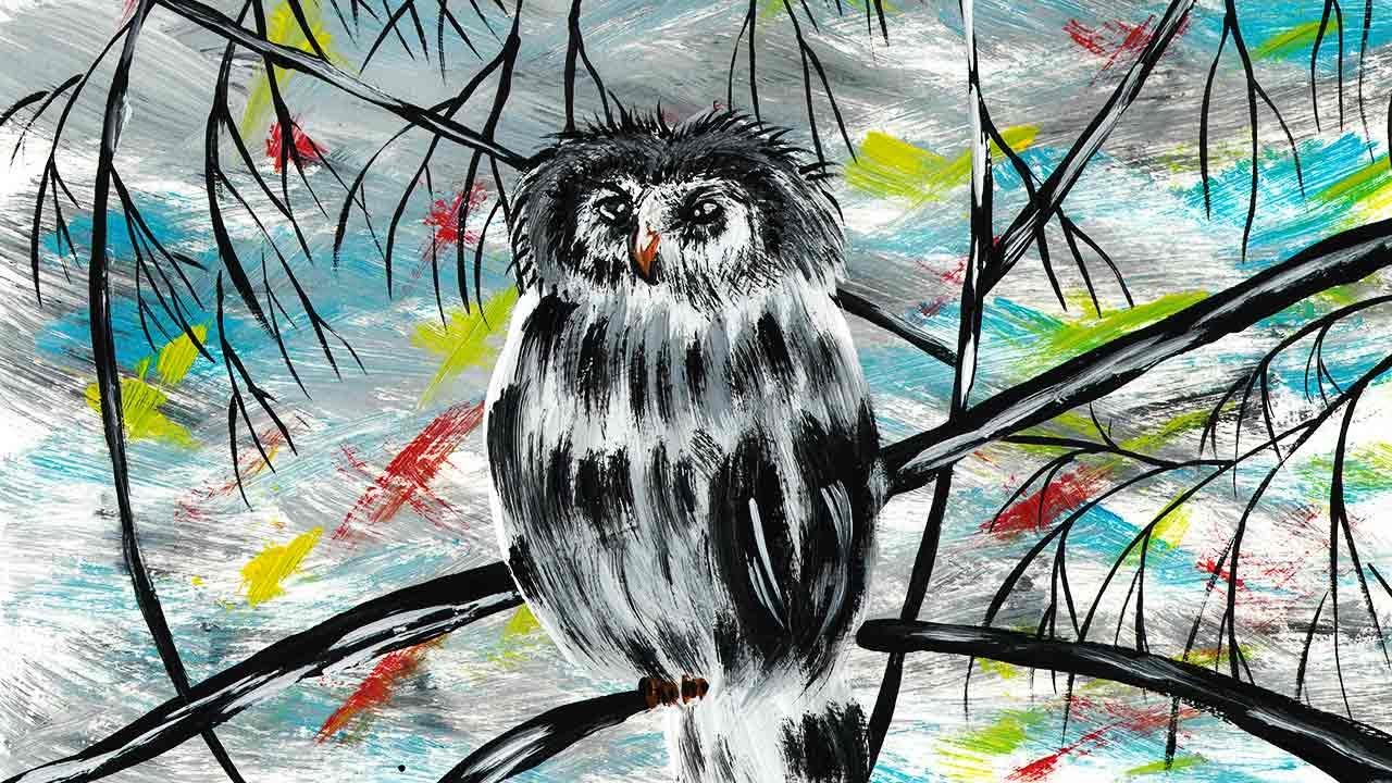 Как нарисовать сову легко, красками гуашь. Мастер класс по правополушарному рисованию, сова зимой.