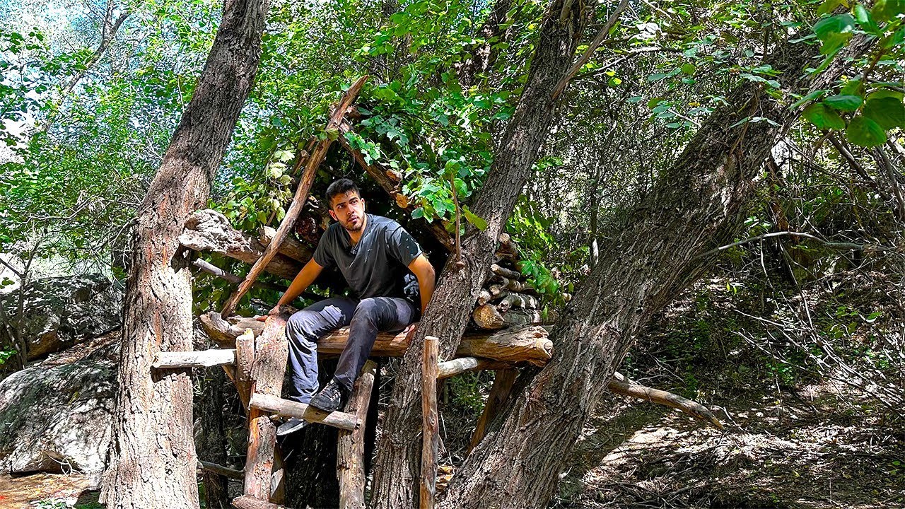Building a TREE Shelter in the Forest - Bushcraft Survival Shelter
