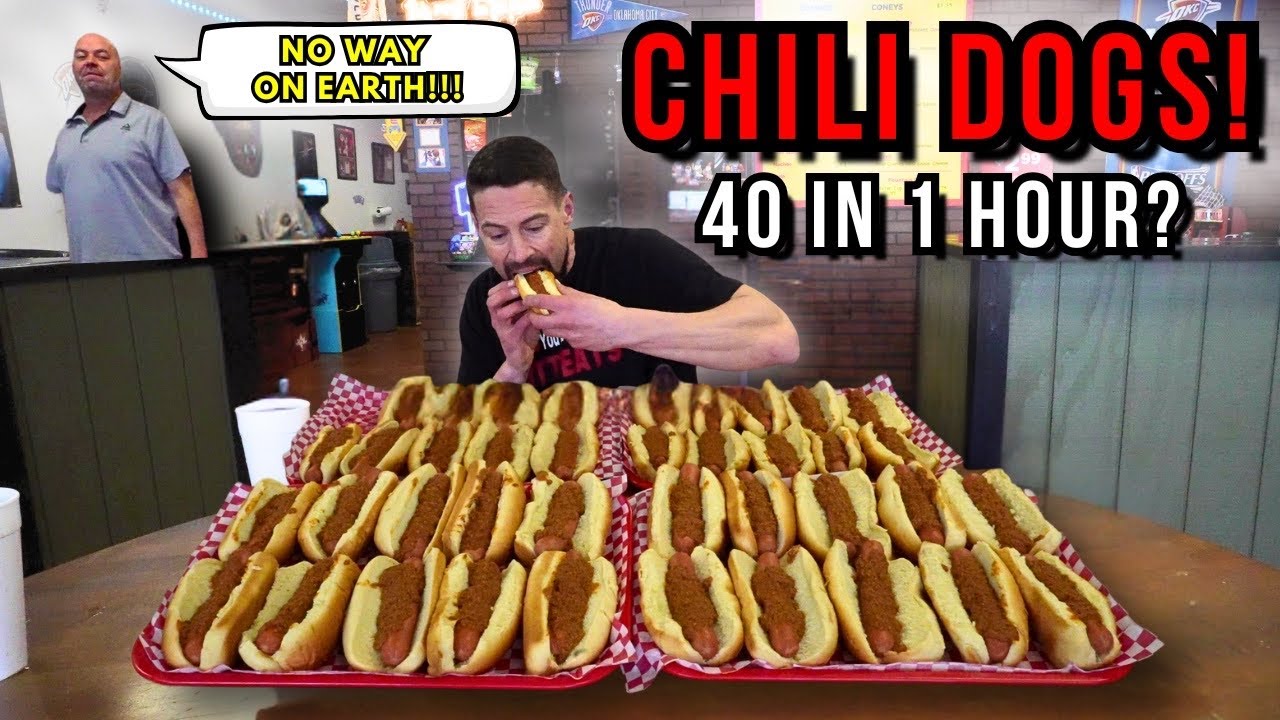 TRYING TO BREAK A 17-YEAR-OLD CHILI DOG RECORD at Jake’s Coney Island in Oklahoma | 1 HOUR. 40 DOGS