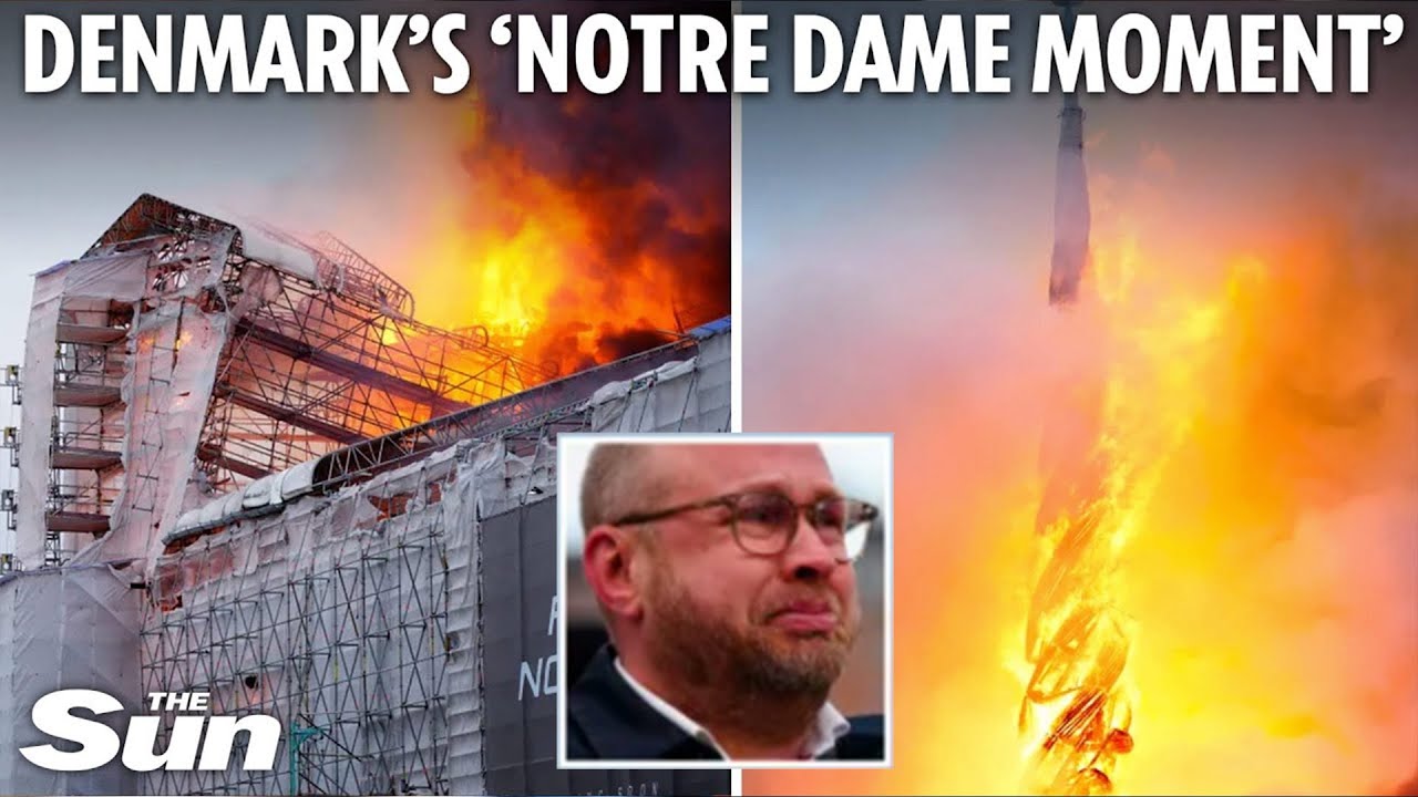 Horror as 400-year-old spire collapses in inferno as locals weep over iconic Copenhagen landmark