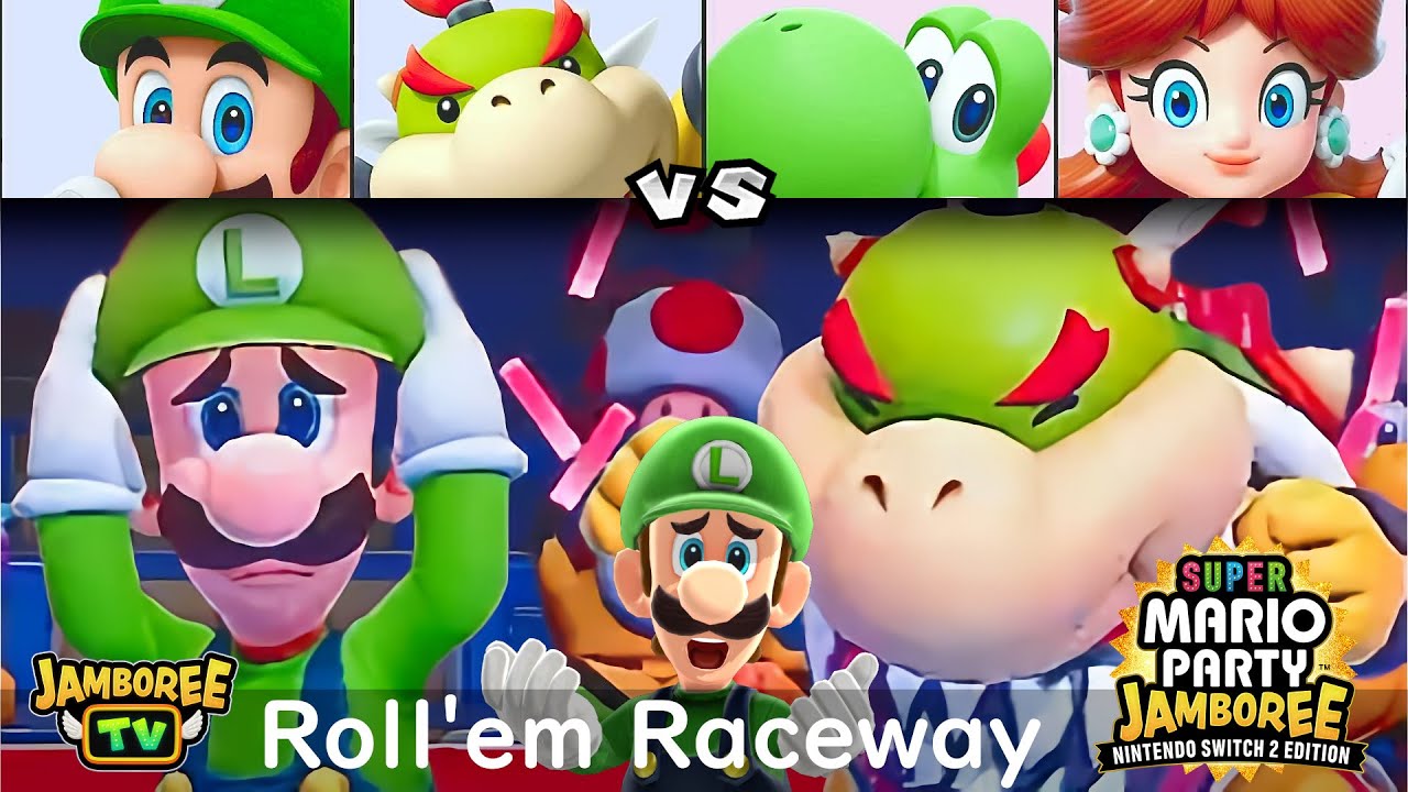 Super Mario Party Jamboree TV Luigi and Bowser Jr vs Yoshi and Daisy in Roll'em Raceway