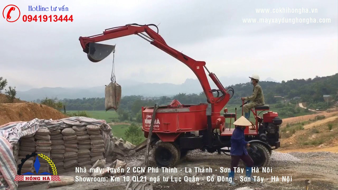 Thực tế Máy trộn bê tông tự cấp liệu Hồng Hà phiên bản gầu xúc làm việc tại Cao Bằng
