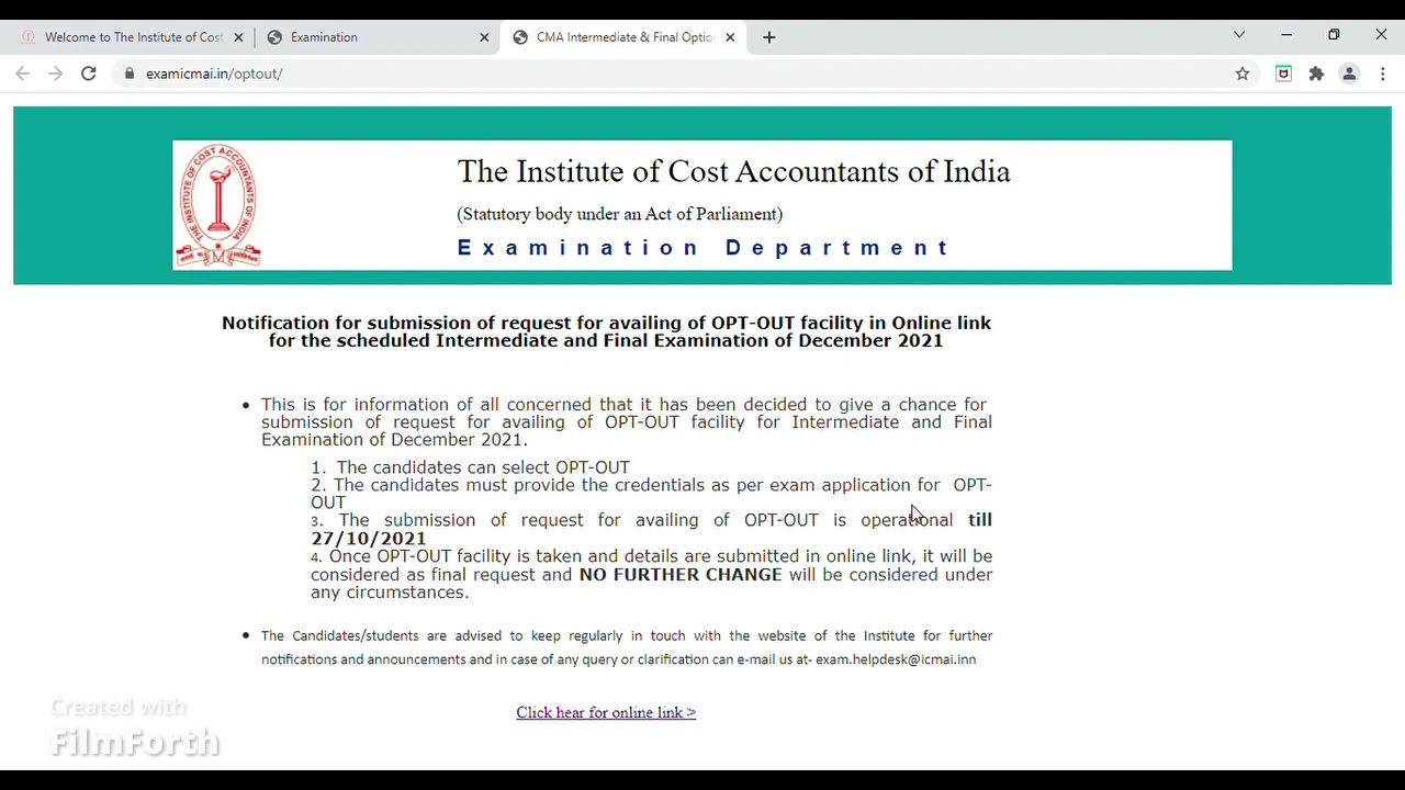 CMA : OPT-OUT facility for Intermediate and Final Examination of December 2021 #cma #cmaexams