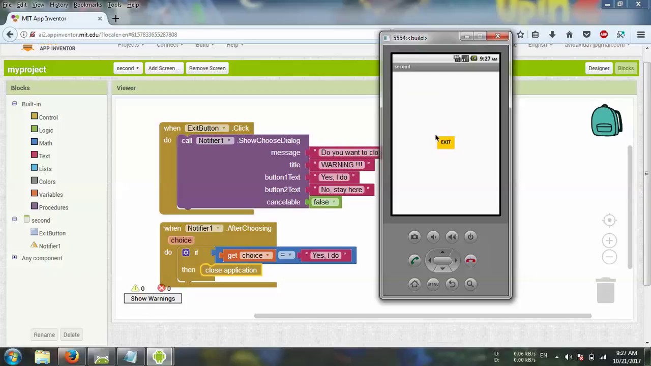 MIT App - How to Create EXIT Button with a Notification