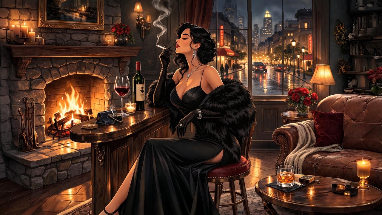 1940s Vintage Jazz Bar — Rainy Winter Fireplace Night | Cozy Noir Jazz Playlist