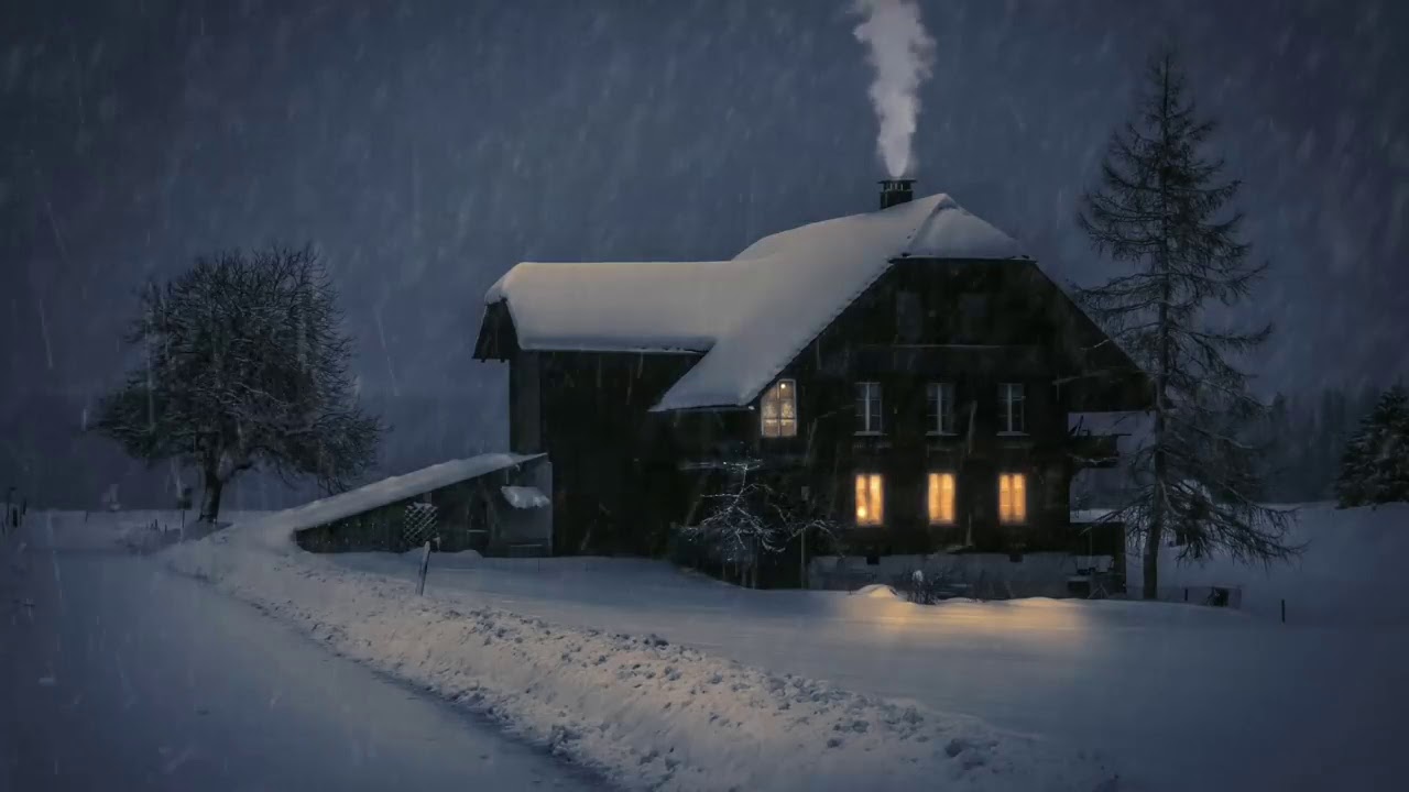 o som relaxante do vento e da neve numa cabana