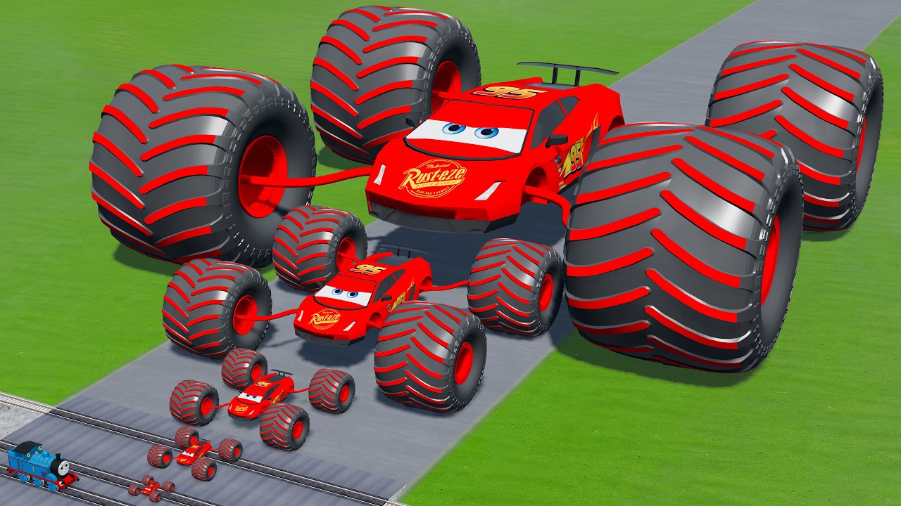 Big & Small Lamborghini McQueen Spider with Monster Wheels VS Train | BeamNG.drive