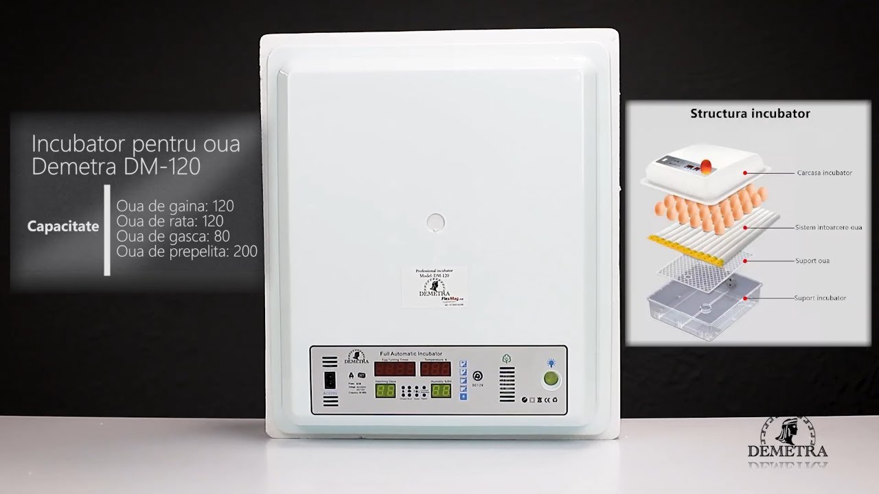 Incubator automat Demetra DM-120, conectare 220 V si 12 V. Universal pentru toate tipurile de oua.