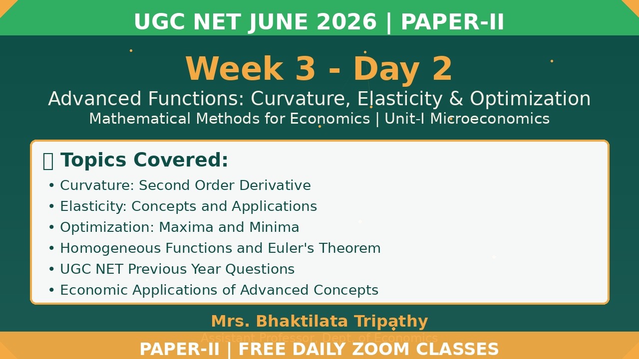 Week 3 Day 2: Curvature, Elasticity & Optimization | Functions Part 2 | UGC NET Economics Paper-II