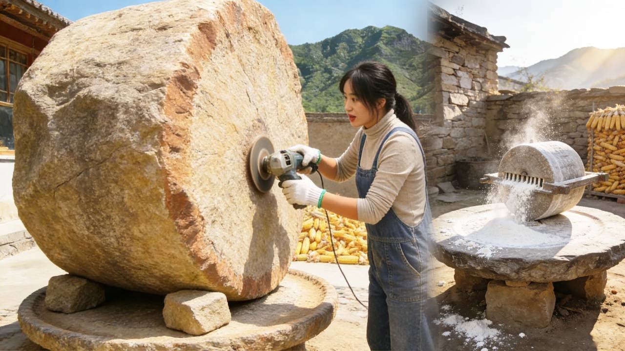 💡天才少女纯手工打磨石磨，将布满苔藓的石头变成非遗古法石磨，从零开始七天就能磨粉做古法面条！A gifted girl makes a handmade stone mill！