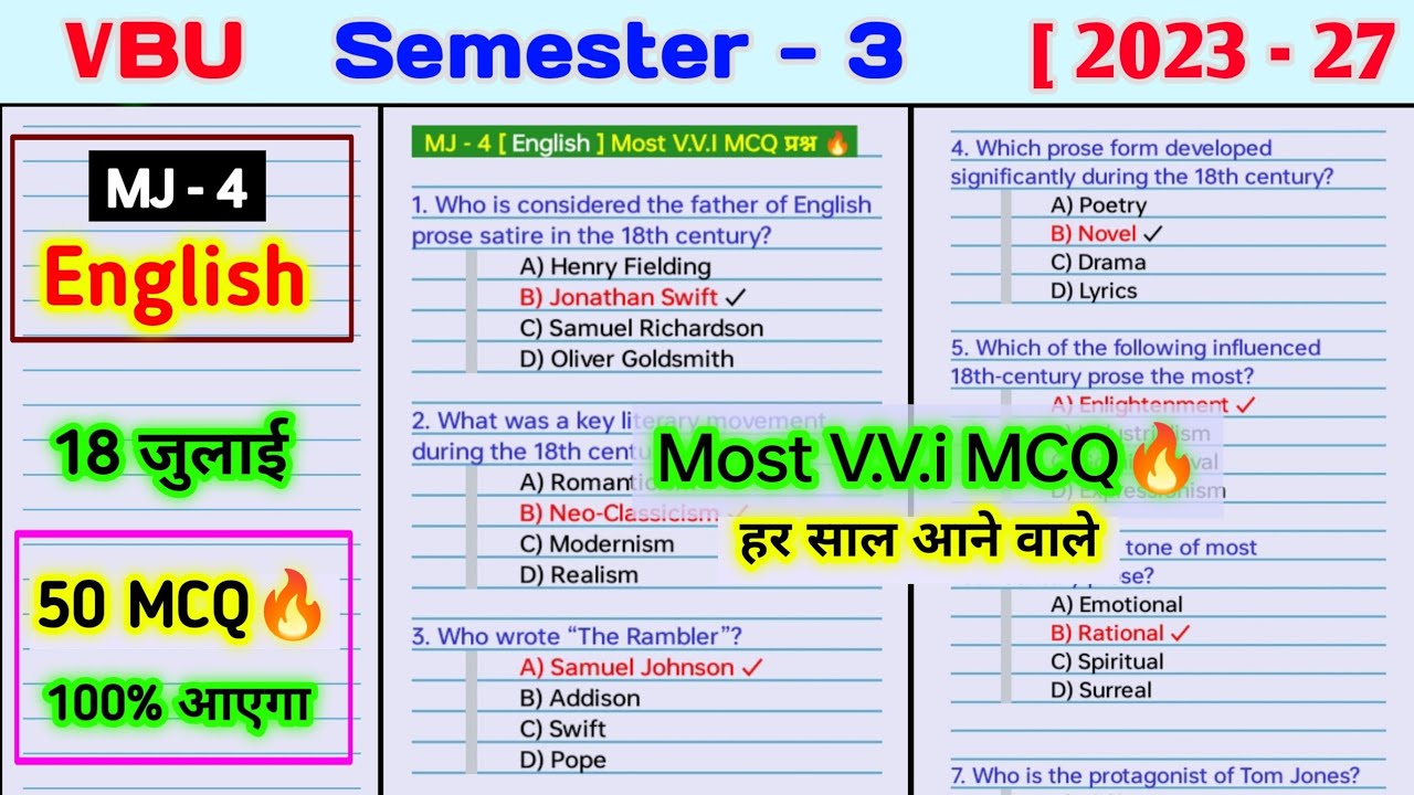MJ 4 english sem 3 important MCQ🔥। In what sense was the 18th century pre eminently and age of prose