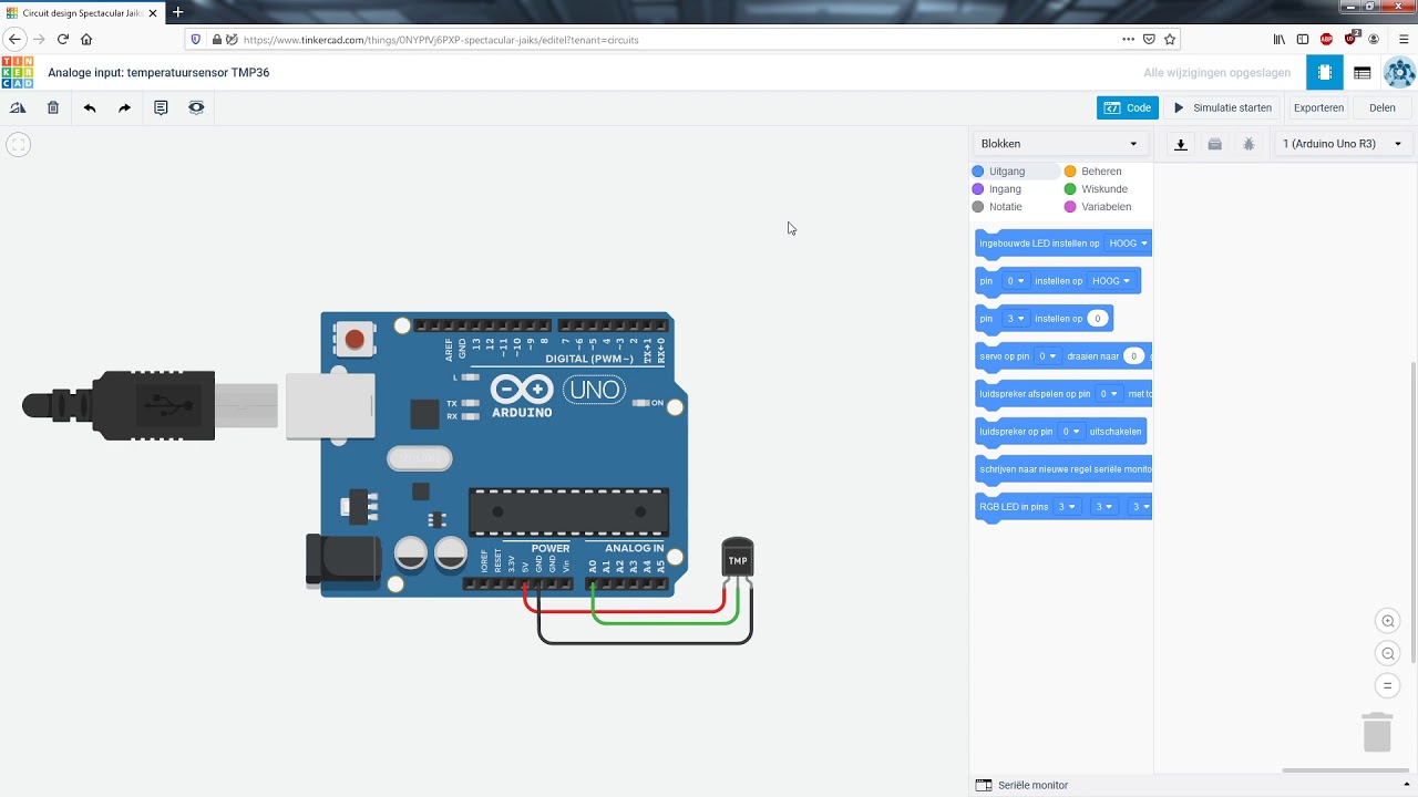 Analoge input: temperatuursensor TMP36 (met codeblokken)