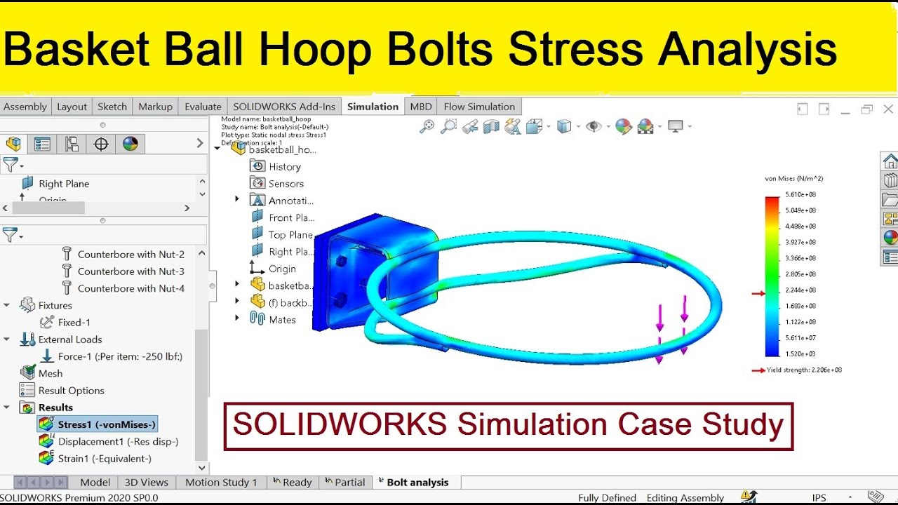 Solidworks Simulation Structural analysis of bolt [Basket Ball Ring]