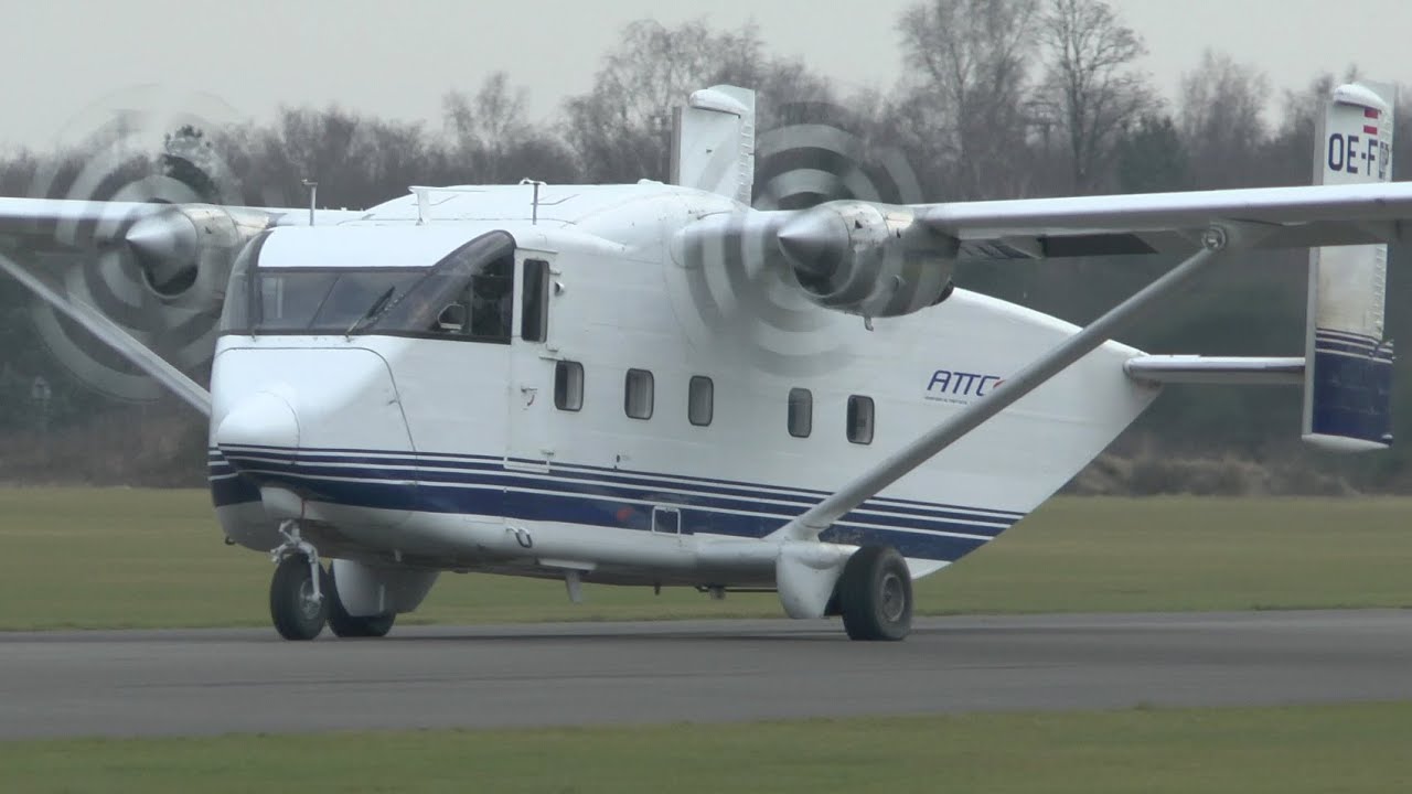 Rare: Pink Aviation Short SC-7 Skyvan startup, taxi, takeoff.