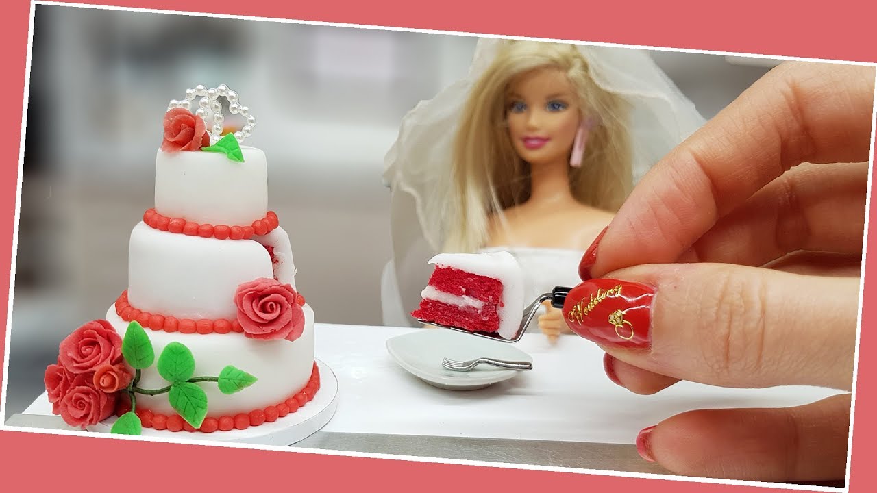 Barbie red velvet mini WEDDING cake with mini sugar roses/real mini cake/jenny's mini cooking/DIY