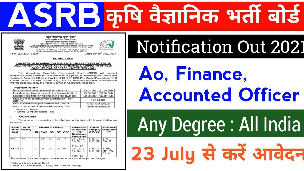 ASRB Recruitment 2021 Notification | ASRB Ao & Account Officer Vacancy 2021 | ICER Net Notification