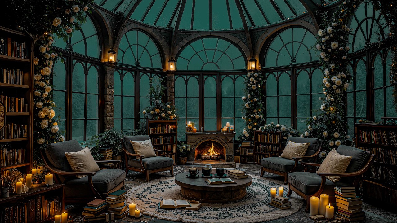 Snowy Night in a Glass Conservatory Library with Fireplace | Dark Academia Study & Reading Ambience