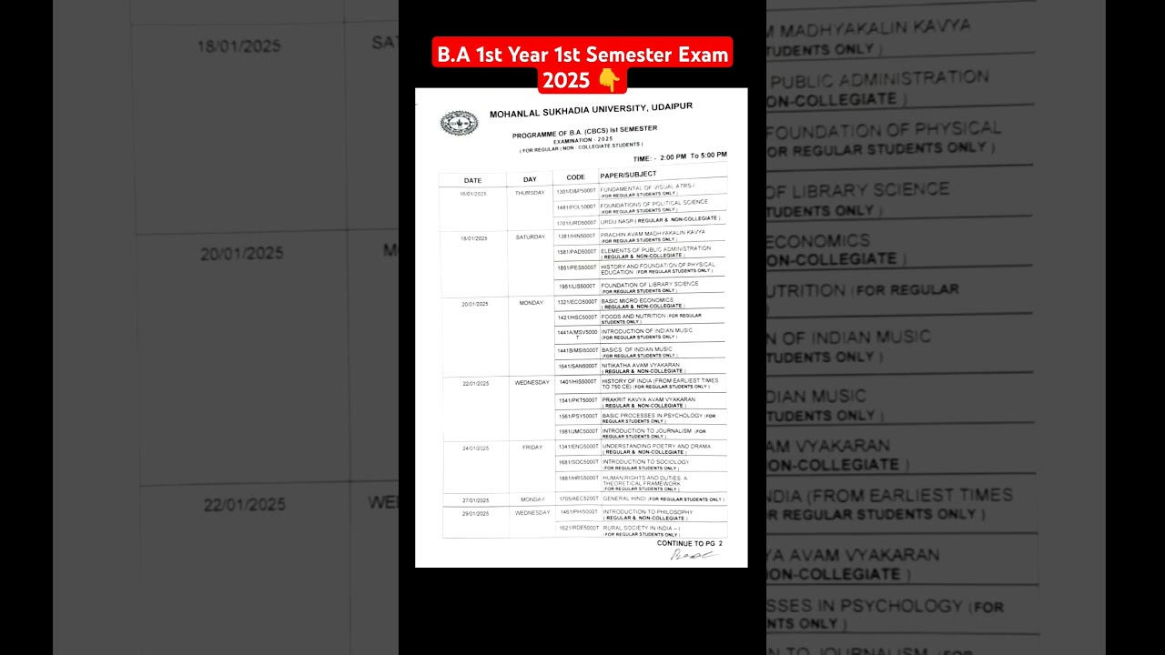 B.A 1st Semester Exam Time Table 2025 | All University UG 1st Semester Exam 2025 Date | Time Table